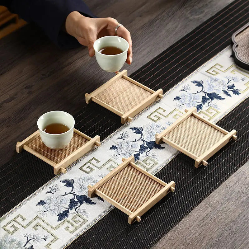 1/4Pcs Bamboo Teacup Coasters Mug Cup Square Mats Table Heat Insulated Pads for Kung Fu Tea Coffee Snack Retro Teaism