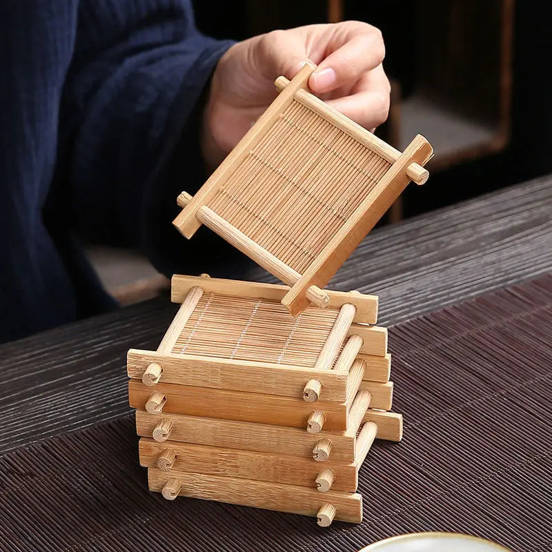 1/4Pcs Bamboo Teacup Coasters Mug Cup Square Mats Table Heat Insulated Pads for Kung Fu Tea Coffee Snack Retro Teaism