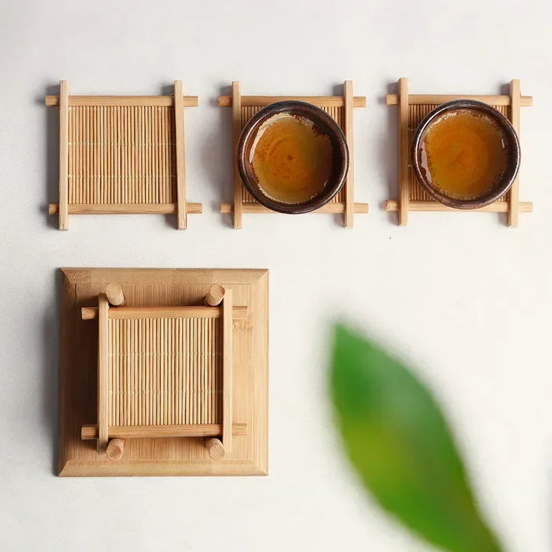 1/4Pcs Bamboo Teacup Coasters Mug Cup Square Mats Table Heat Insulated Pads for Kung Fu Tea Coffee Snack Retro Teaism