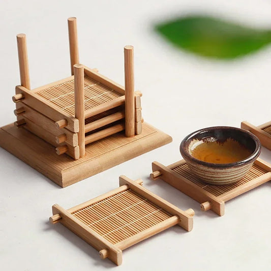 1/4Pcs Bamboo Teacup Coasters Mug Cup Square Mats Table Heat Insulated Pads for Kung Fu Tea Coffee Snack Retro Teaism