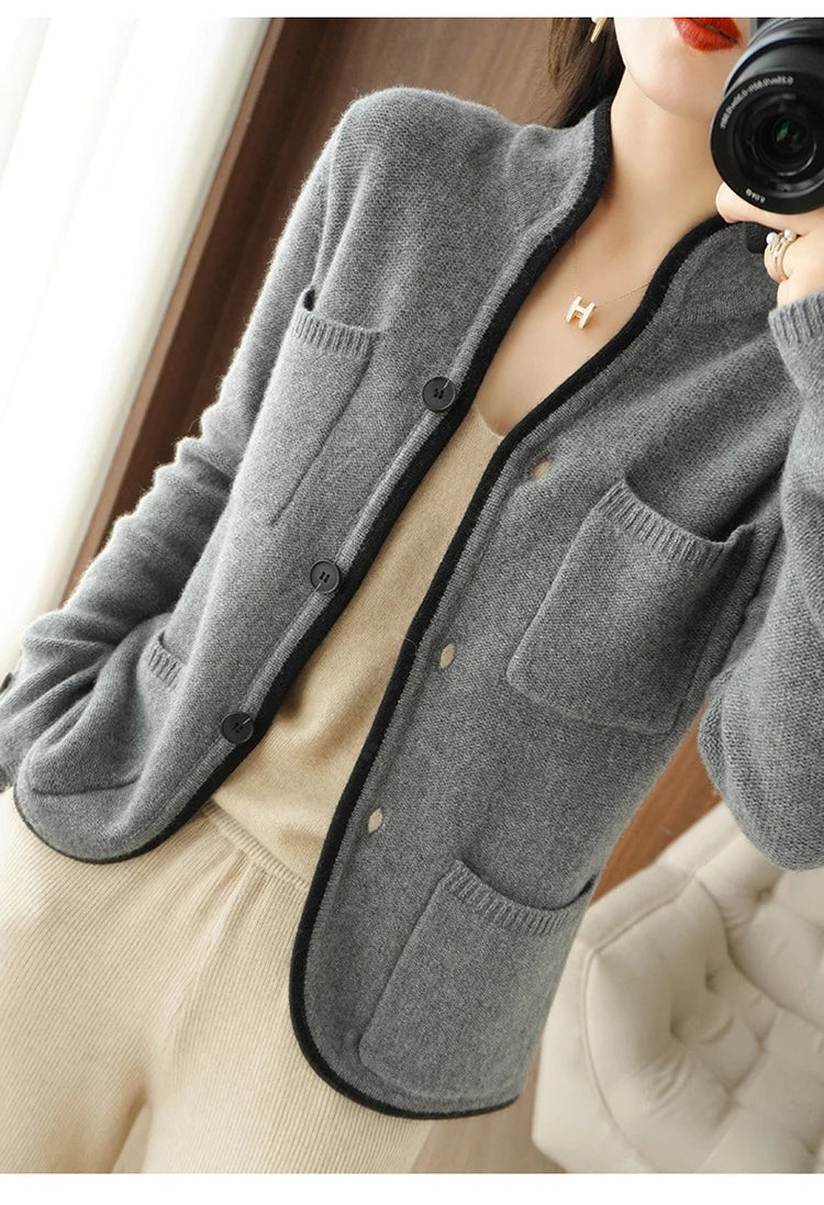 100% Pure Wool Sweater Autumn/Winter 2022 Women’s Stand-up Collar Cardigan Casual Knit Tops Korean Fashion Female Jacket