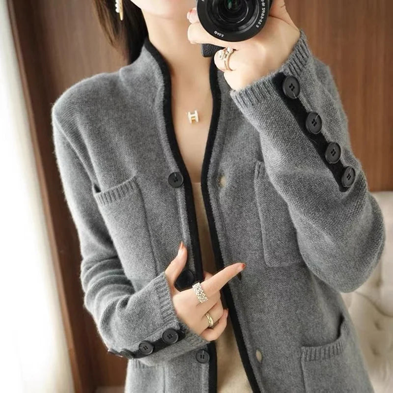 100% Pure Wool Sweater Autumn/Winter 2022 Women’s Stand-up Collar Cardigan Casual Knit Tops Korean Fashion Female Jacket