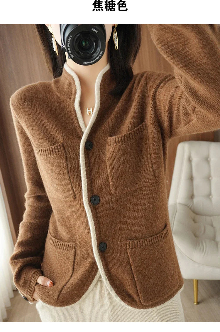 100% Pure Wool Sweater Autumn/Winter 2022 Women’s Stand-up Collar Cardigan Casual Knit Tops Korean Fashion Female Jacket