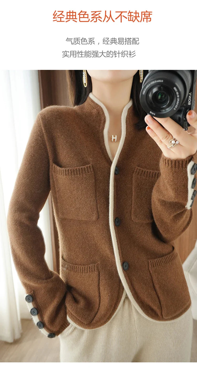 100% Pure Wool Sweater Autumn/Winter 2022 Women’s Stand-up Collar Cardigan Casual Knit Tops Korean Fashion Female Jacket