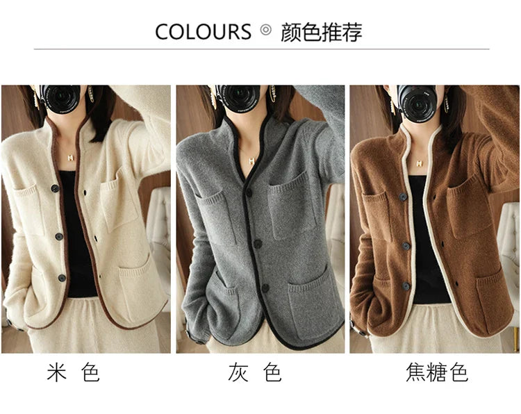 100% Pure Wool Sweater Autumn/Winter 2022 Women’s Stand-up Collar Cardigan Casual Knit Tops Korean Fashion Female Jacket