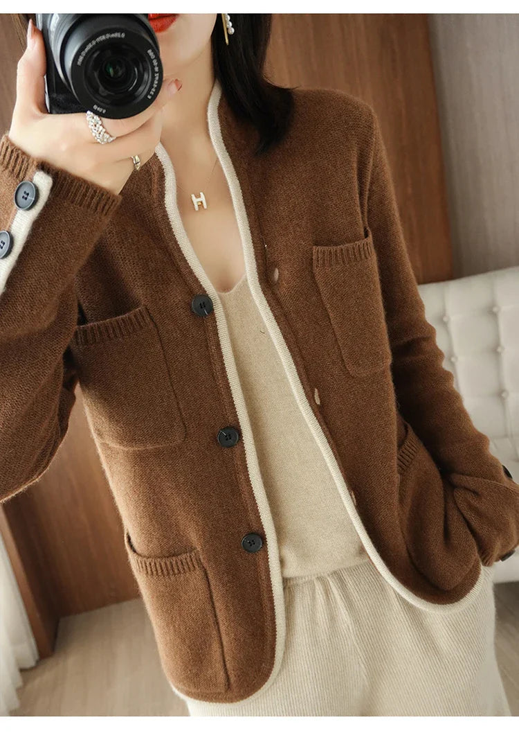 100% Pure Wool Sweater Autumn/Winter 2022 Women’s Stand-up Collar Cardigan Casual Knit Tops Korean Fashion Female Jacket