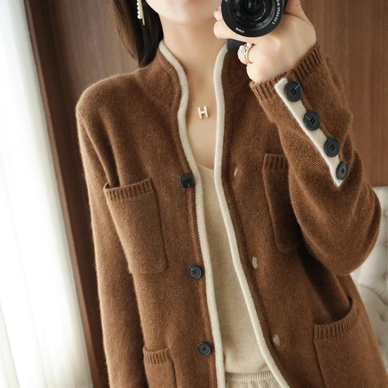 100% Pure Wool Sweater Autumn/Winter 2022 Women’s Stand-up Collar Cardigan Casual Knit Tops Korean Fashion Female Jacket