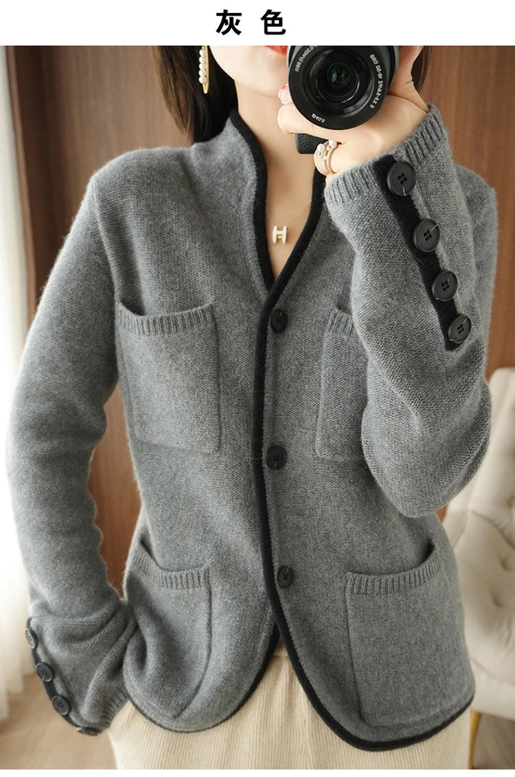 100% Pure Wool Sweater Autumn/Winter 2022 Women’s Stand-up Collar Cardigan Casual Knit Tops Korean Fashion Female Jacket