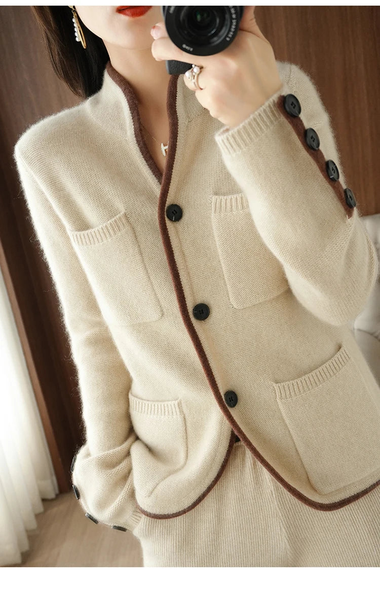 100% Pure Wool Sweater Autumn/Winter 2022 Women’s Stand-up Collar Cardigan Casual Knit Tops Korean Fashion Female Jacket