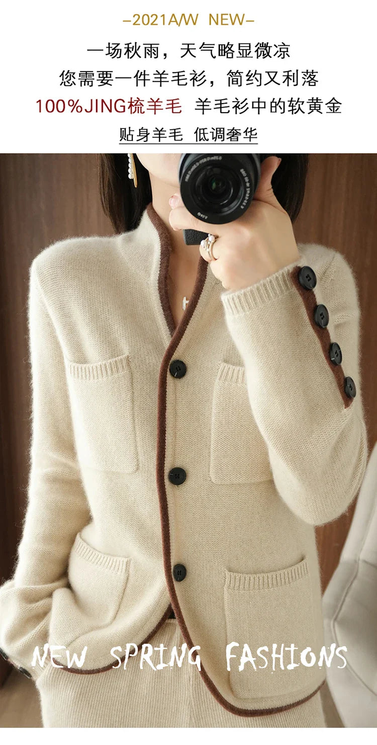 100% Pure Wool Sweater Autumn/Winter 2022 Women’s Stand-up Collar Cardigan Casual Knit Tops Korean Fashion Female Jacket