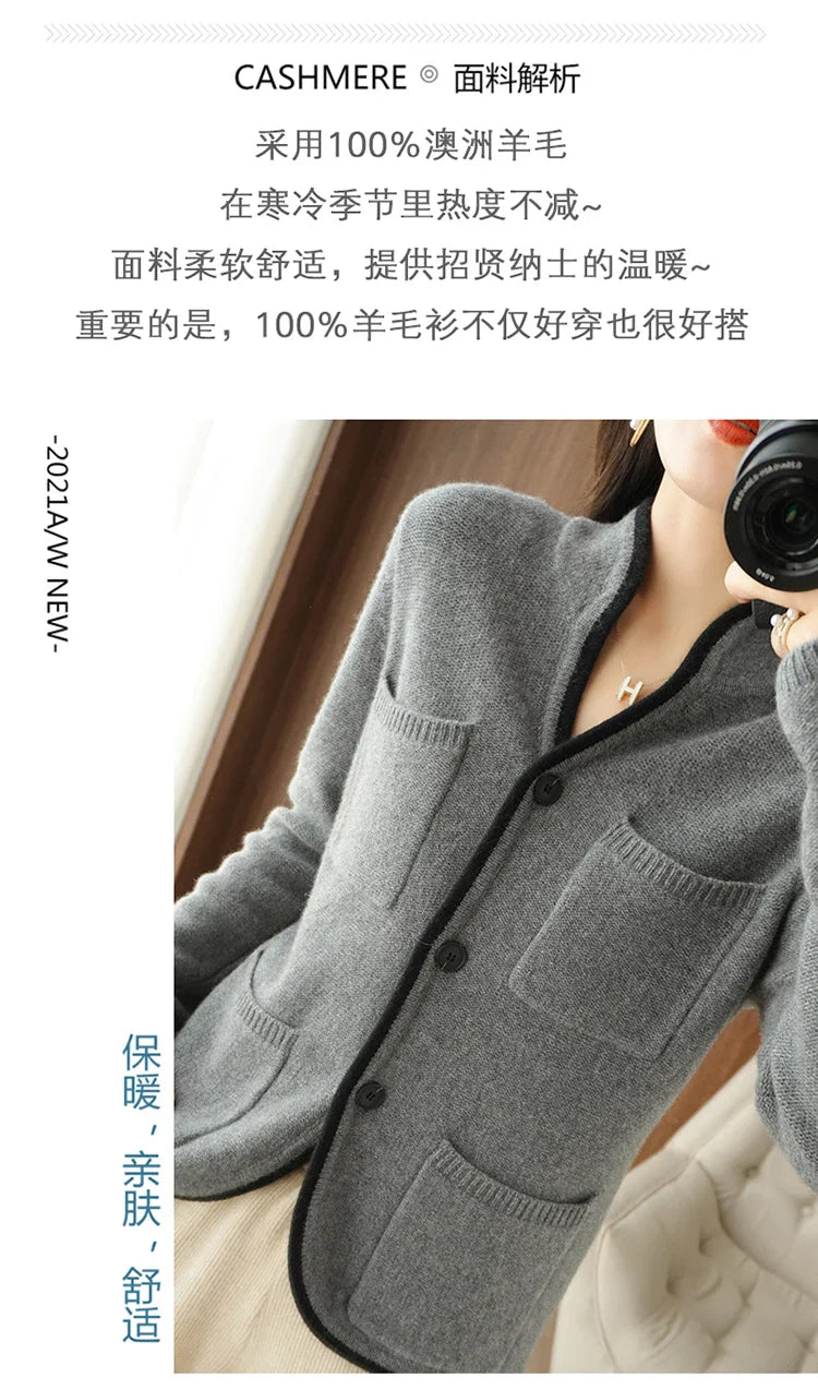 100% Pure Wool Sweater Autumn/Winter 2022 Women’s Stand-up Collar Cardigan Casual Knit Tops Korean Fashion Female Jacket