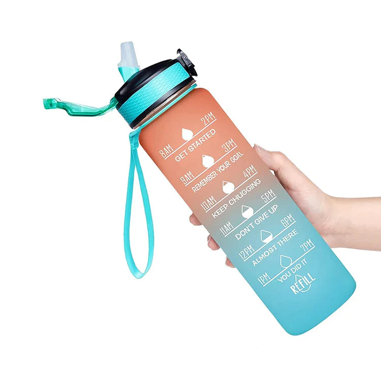 1000ML Sports Water Bottle with Straw Time Marker Outdoor Portable Gradient Colorful Water Bottle for Gym Fitness