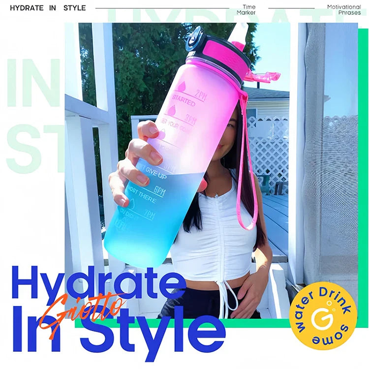 1000ML Sports Water Bottle with Straw Time Marker Outdoor Portable Gradient Colorful Water Bottle for Gym Fitness