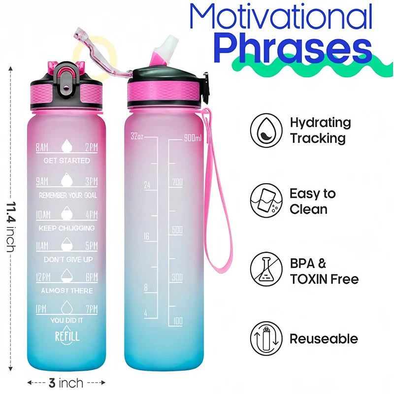 1000ML Sports Water Bottle with Straw Time Marker Outdoor Portable Gradient Colorful Water Bottle for Gym Fitness