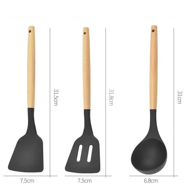 12PCS Silicone Kitchenware Non-Stick Cookware Kitchen Utensils Set Spatula Shovel Egg Beaters Wooden Handle Cooking