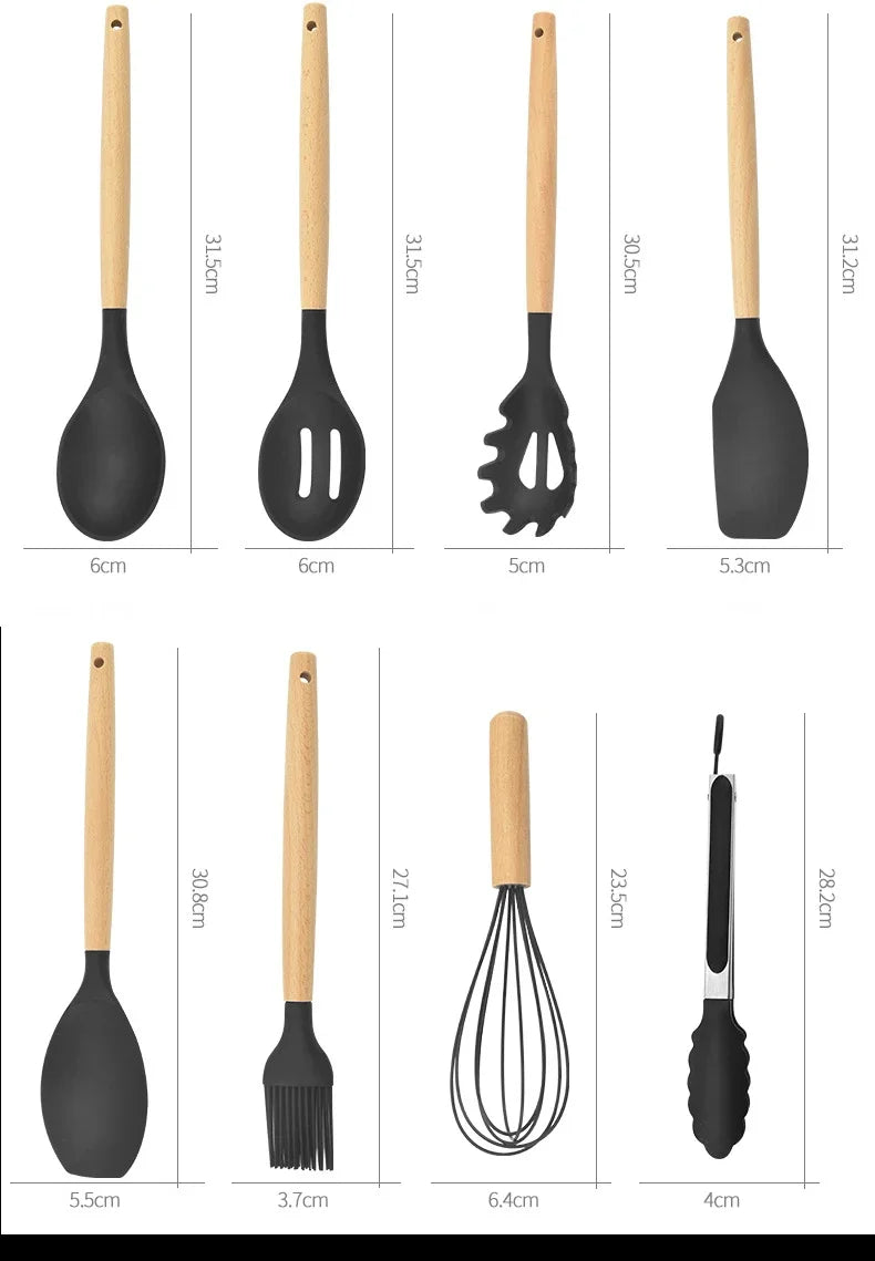 12PCS Silicone Kitchenware Non-Stick Cookware Kitchen Utensils Set Spatula Shovel Egg Beaters Wooden Handle Cooking