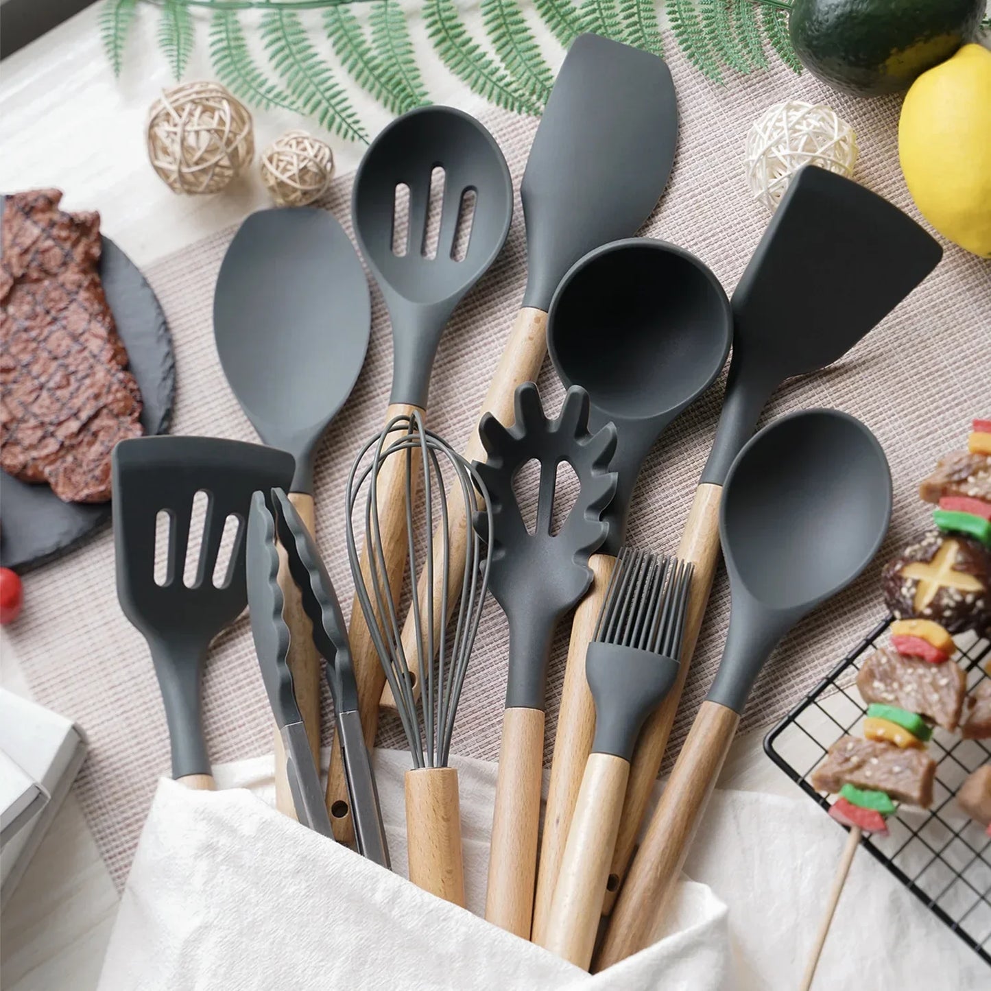 12PCS Silicone Kitchenware Non-Stick Cookware Kitchen Utensils Set Spatula Shovel Egg Beaters Wooden Handle Cooking