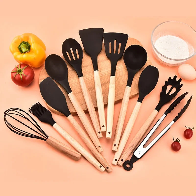 12PCS Silicone Kitchenware Non-Stick Cookware Kitchen Utensils Set Spatula Shovel Egg Beaters Wooden Handle Cooking