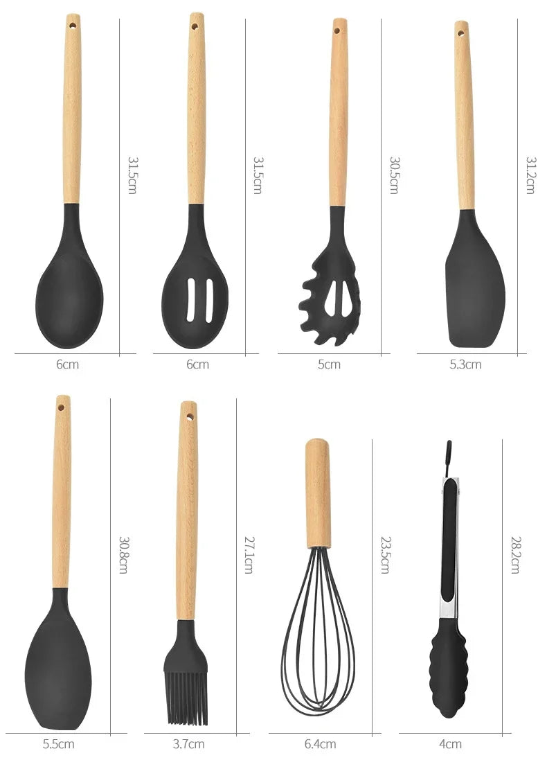 12PCS Silicone Kitchenware Non-Stick Cookware Kitchen Utensils Set Spatula Shovel Egg Beaters Wooden Handle Cooking