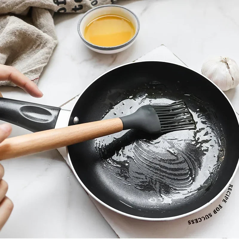 12PCS Silicone Kitchenware Non-Stick Cookware Kitchen Utensils Set Spatula Shovel Egg Beaters Wooden Handle Cooking