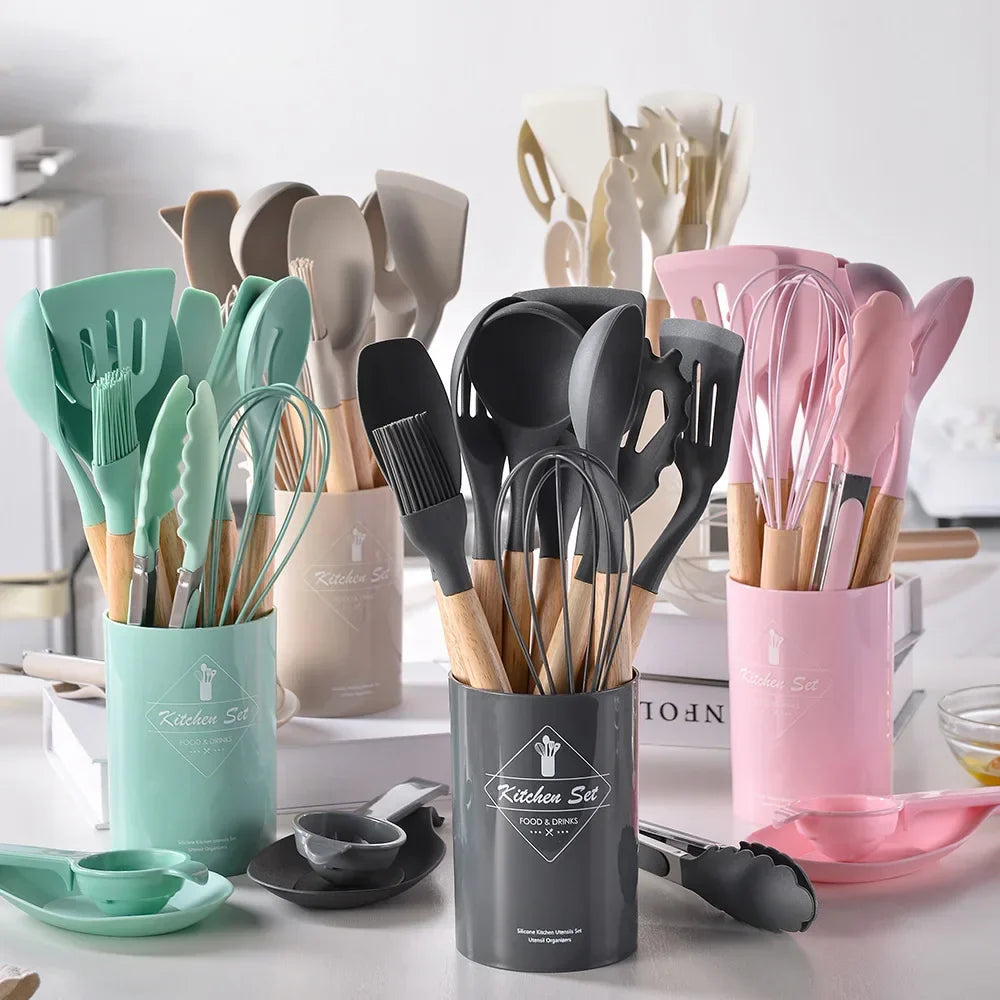 12PCS Silicone Kitchenware Non-Stick Cookware Kitchen Utensils Set Spatula Shovel Egg Beaters Wooden Handle Cooking