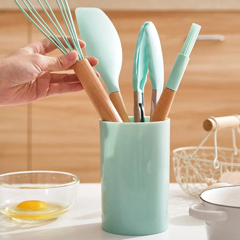 12PCS Silicone Kitchenware Non-Stick Cookware Kitchen Utensils Set Spatula Shovel Egg Beaters Wooden Handle Cooking