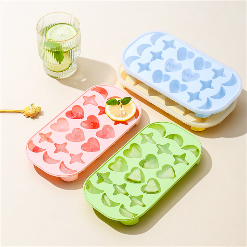 18 Holes Moon Heart Ice Cube Maker Silicone Ice Mold with Lid DIY 3D Stars Ice Tray Juice Drink Whiskey Cocktails