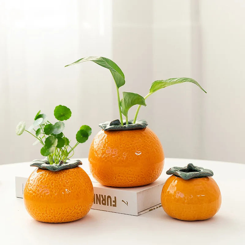 1pc Ceramic Orange Hydroponic Vase Home Tabletop Decorative Decorations Fruit Planter Ceramic Great Orange Livingroom