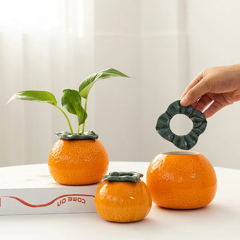 1pc Ceramic Orange Hydroponic Vase Home Tabletop Decorative Decorations Fruit Planter Ceramic Great Orange Livingroom