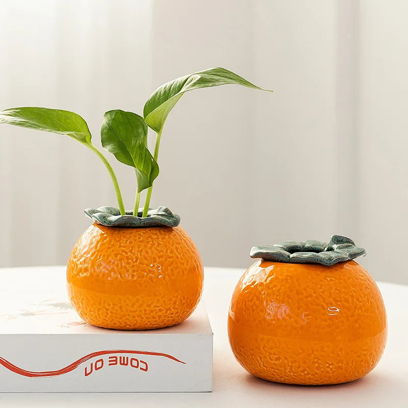 1pc Ceramic Orange Hydroponic Vase Home Tabletop Decorative Decorations Fruit Planter Ceramic Great Orange Livingroom