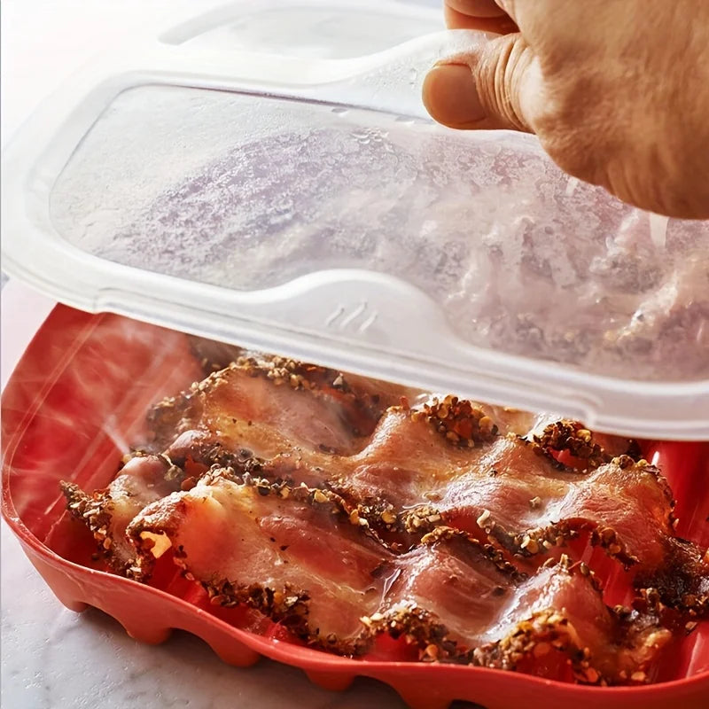 1pc Microwave Bacon Maker Microwavable Bacon Grill Bacon Tray Pizza Tray Sauce Tray Microwave Oven Cooker - Red