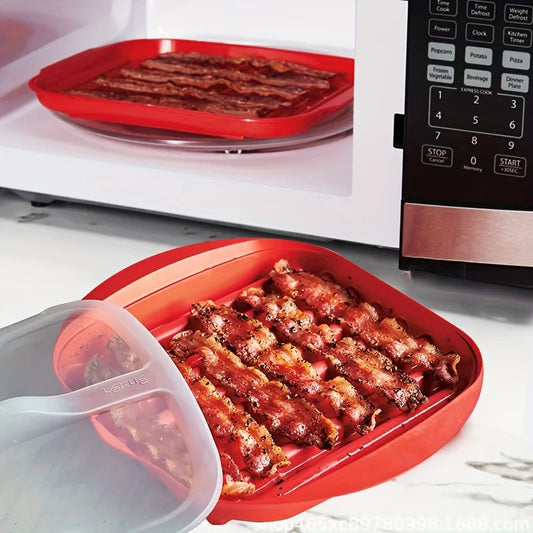 1pc Microwave Bacon Maker Microwavable Bacon Grill Bacon Tray Pizza Tray Sauce Tray Microwave Oven Cooker - Red