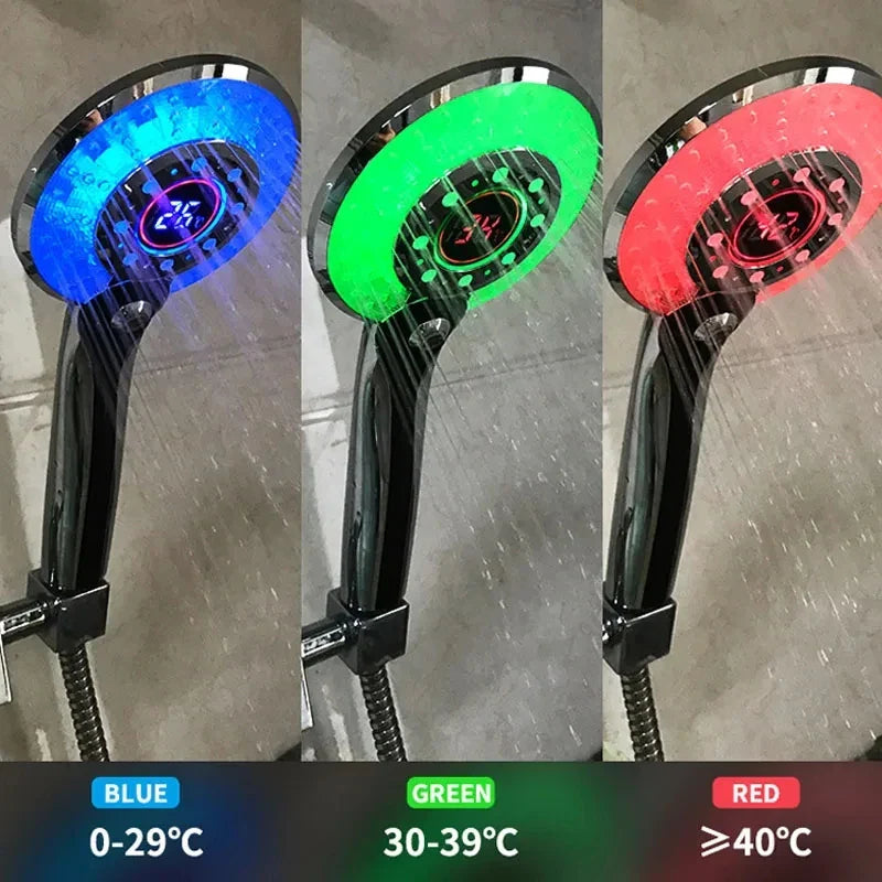 1PCS LED Shower Head Digital Temperature Control Shower Sprayer 3 Spraying Mode Water Saving Shower Filter Bathroom