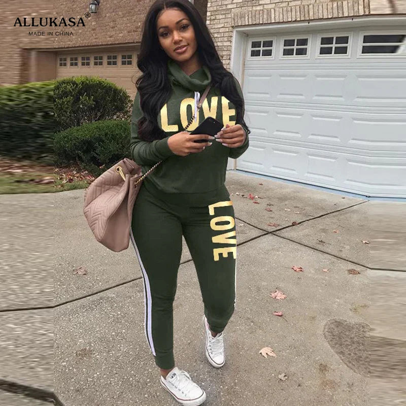 2 Piece Set Women Outfit LOVE Letter Print High Neck Hoodies Sweatshirt Pants Tracksuit 2022 Plus Size Streetwear