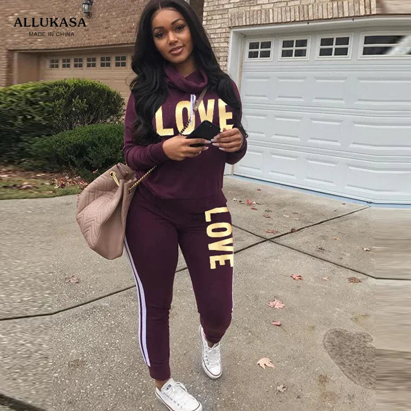 2 Piece Set Women Outfit LOVE Letter Print High Neck Hoodies Sweatshirt Pants Tracksuit 2022 Plus Size Streetwear