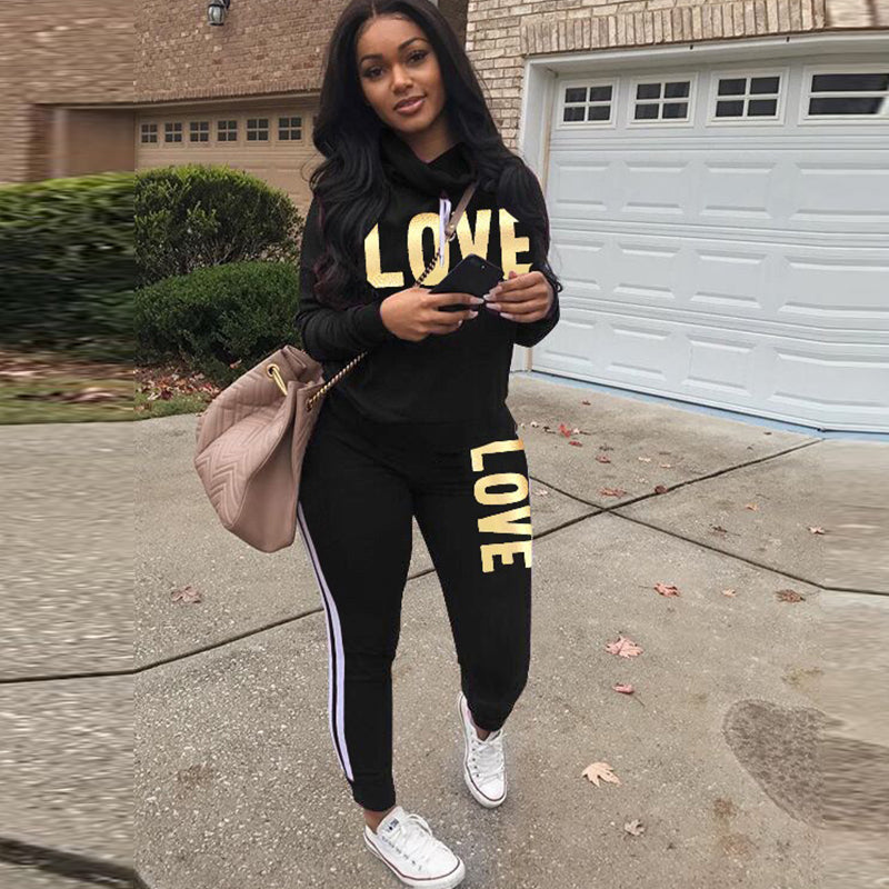 2 Piece Set Women Outfit LOVE Letter Print High Neck Hoodies Sweatshirt Pants Tracksuit 2022 Plus Size Streetwear