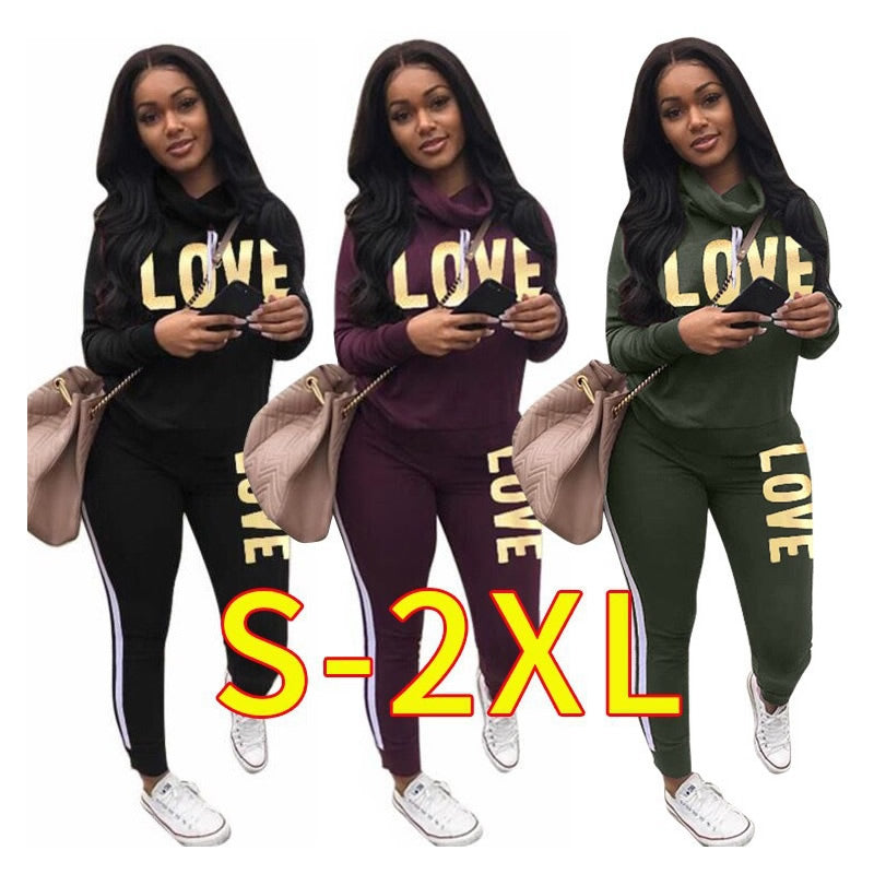 2 Piece Set Women Outfit LOVE Letter Print High Neck Hoodies Sweatshirt Pants Tracksuit 2022 Plus Size Streetwear