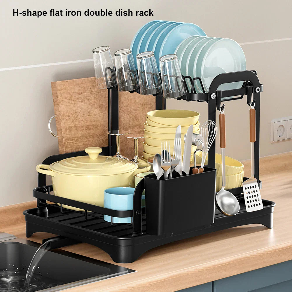 2 Tier Dish Bowl Drainer Storage Rack Kitchen Dish Drying Rack with Drain Basket Countertop Dinnerware Organizer