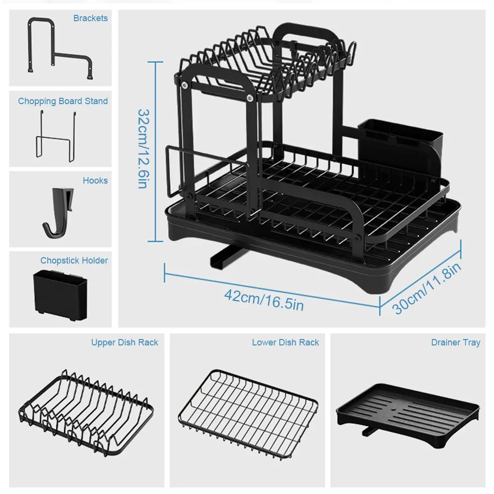 2 Tier Dish Bowl Drainer Storage Rack Kitchen Dish Drying Rack with Drain Basket Countertop Dinnerware Organizer