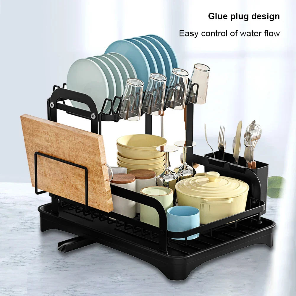 2 Tier Dish Bowl Drainer Storage Rack Kitchen Dish Drying Rack with Drain Basket Countertop Dinnerware Organizer