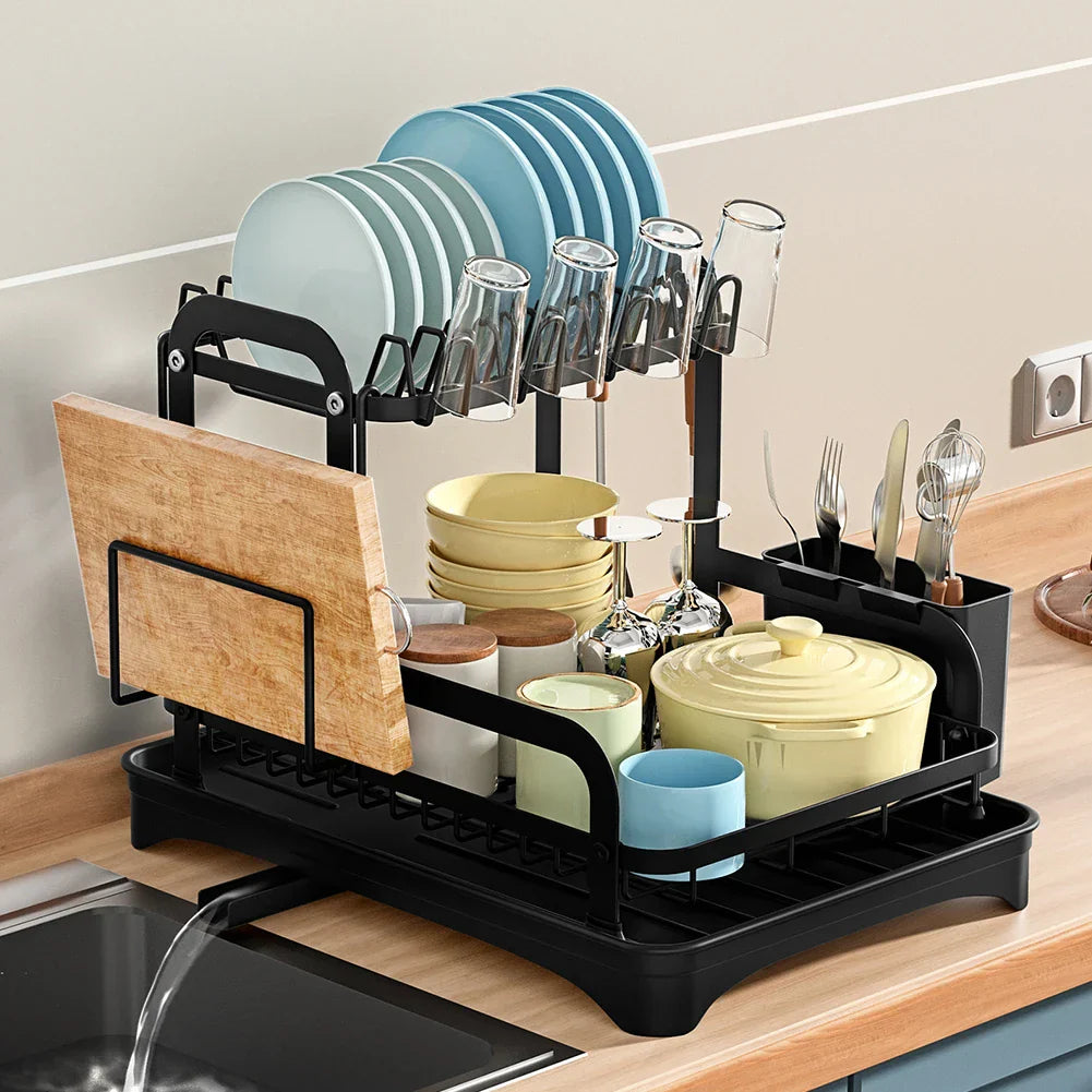 2 Tier Dish Bowl Drainer Storage Rack Kitchen Dish Drying Rack with Drain Basket Countertop Dinnerware Organizer