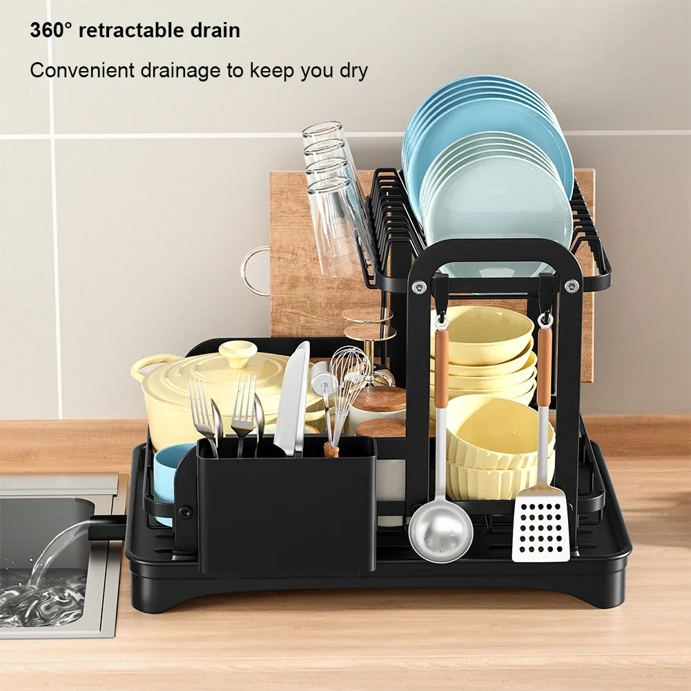 2 Tier Dish Bowl Drainer Storage Rack Kitchen Dish Drying Rack with Drain Basket Countertop Dinnerware Organizer