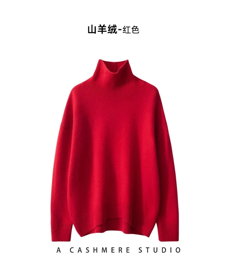 2023 Autumn and Winter New Thick Cashmere Sweater Women High Neck Pullover Sweater Warm Loose Knitted Base Sweater