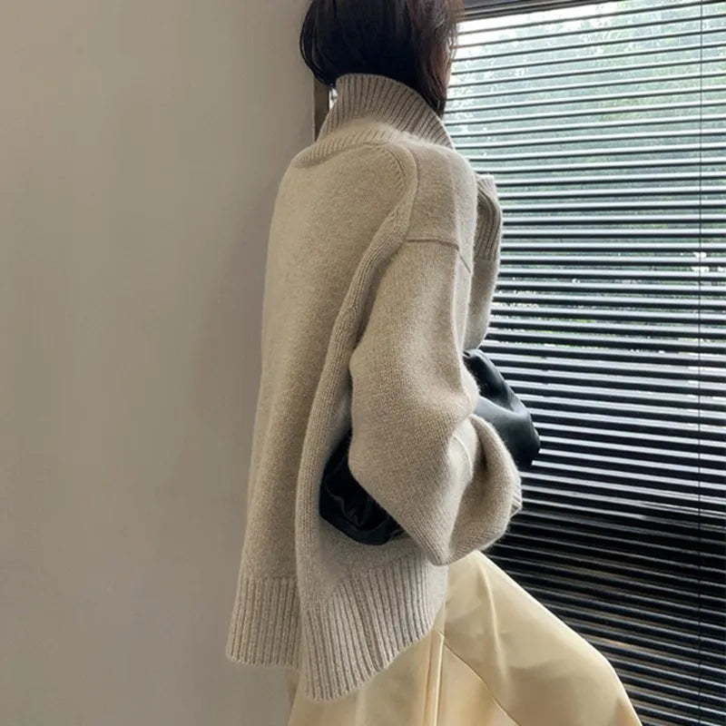 2023 Autumn and Winter New Thick Cashmere Sweater Women High Neck Pullover Sweater Warm Loose Knitted Base Sweater