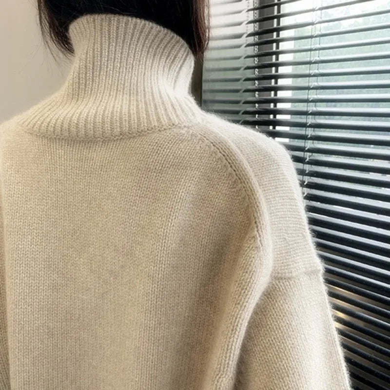 2023 Autumn and Winter New Thick Cashmere Sweater Women High Neck Pullover Sweater Warm Loose Knitted Base Sweater