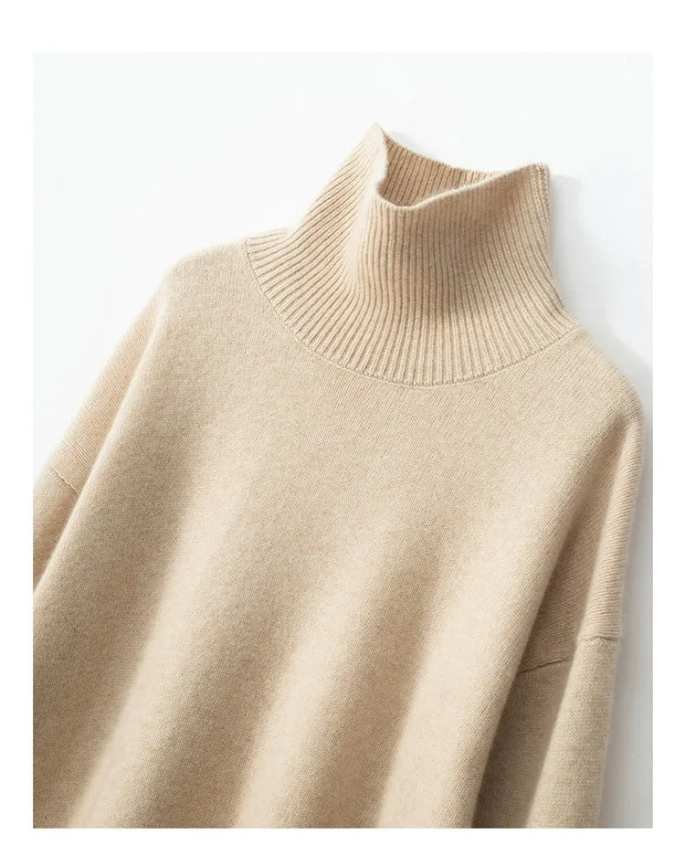 2023 Autumn and Winter New Thick Cashmere Sweater Women High Neck Pullover Sweater Warm Loose Knitted Base Sweater