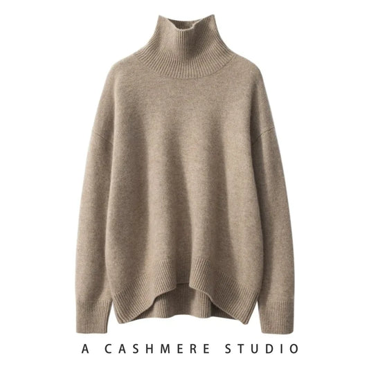 2023 Autumn and Winter New Thick Cashmere Sweater Women High Neck Pullover Sweater Warm Loose Knitted Base Sweater