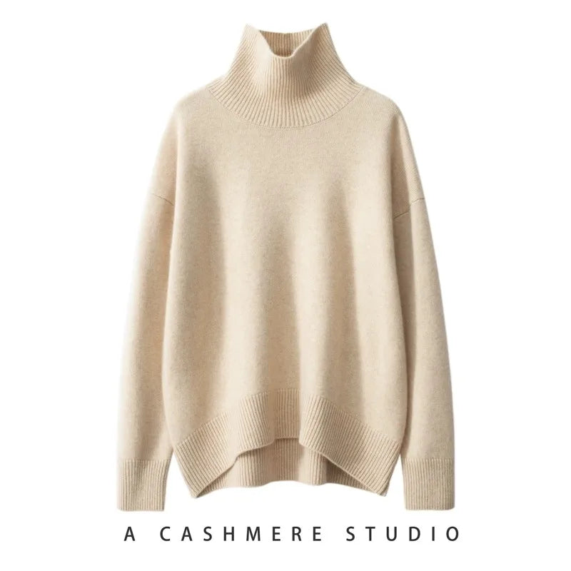 2023 Autumn and Winter New Thick Cashmere Sweater Women High Neck Pullover Sweater Warm Loose Knitted Base Sweater