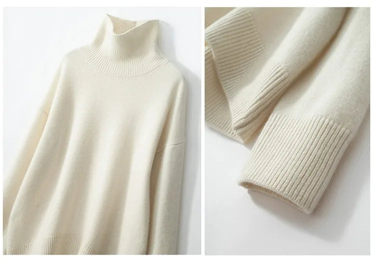 2023 Autumn and Winter New Thick Cashmere Sweater Women High Neck Pullover Sweater Warm Loose Knitted Base Sweater