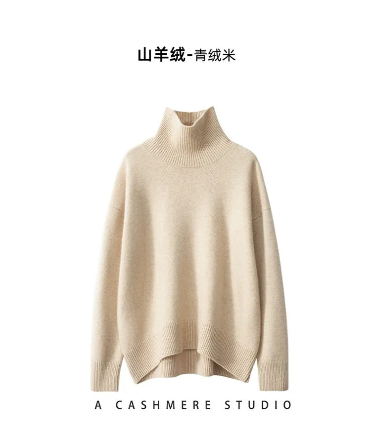 2023 Autumn and Winter New Thick Cashmere Sweater Women High Neck Pullover Sweater Warm Loose Knitted Base Sweater